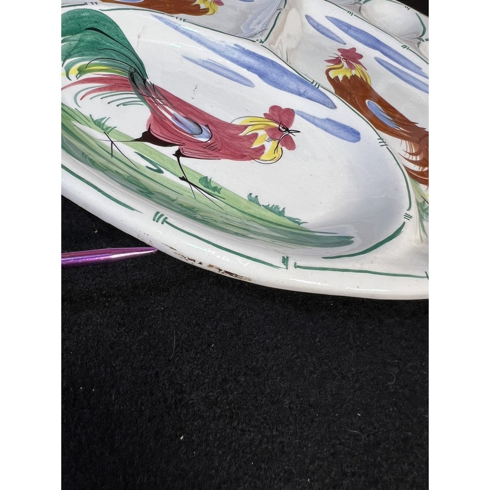Deviled Egg Platter‎ Divided Dish Vtg Painted Roosters Italy 15" W Fridgescaping - Picture 5 of 5